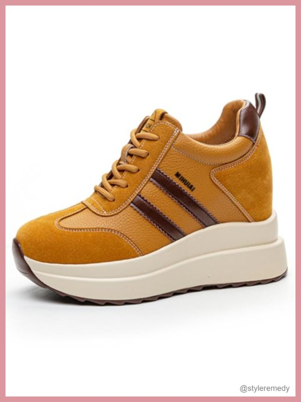 Women's Platform Wedge Sneakers Leather Chunky Lace Up Hidden Heel Tennis Shoes
